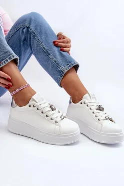 Sneakersy Damskie Na Platformie Z Ozdobami Białe Herbisa
