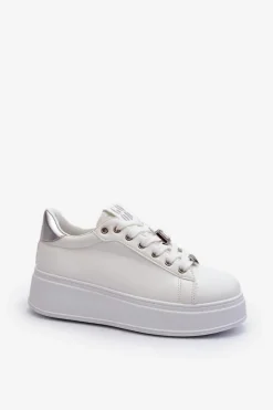 Sneakersy Damskie Na Platformie Z Ozdobami Białe Herbisa