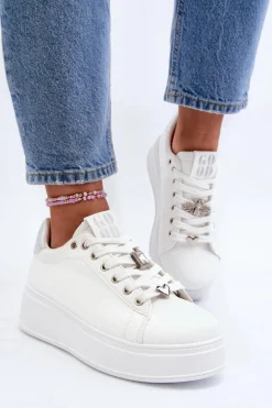Sneakersy Damskie Na Platformie Z Ozdobami Białe Herbisa