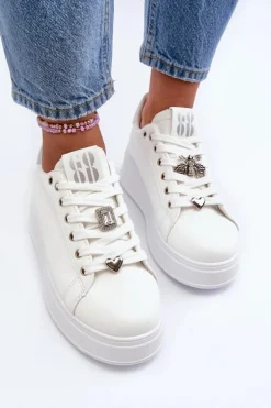Sneakersy Damskie Na Platformie Z Ozdobami Białe Herbisa