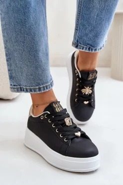 Sneakersy Damskie Na Platformie Z Ozdobami Czarne Herbisa