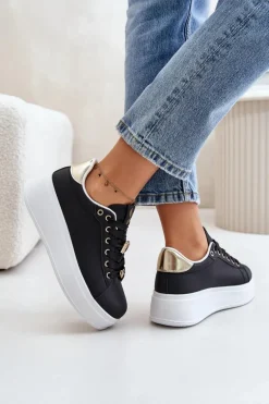 Sneakersy Damskie Na Platformie Z Ozdobami Czarne Herbisa