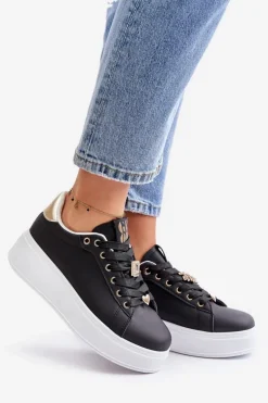 Sneakersy Damskie Na Platformie Z Ozdobami Czarne Herbisa