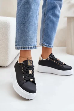 Sneakersy Damskie Na Platformie Z Ozdobami Czarne Herbisa
