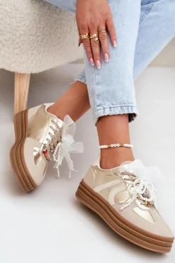 Sneakersy Damskie Na Platformie Z Ozdobami Beżowo-Złote Vinness