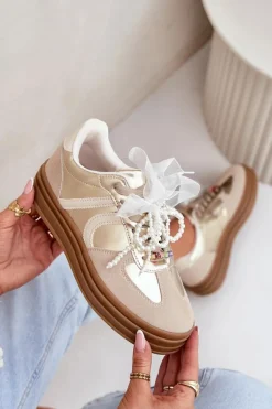 Sneakersy Damskie Na Platformie Z Ozdobami Beżowo-Złote Vinness