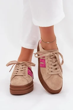 Sneakersy Damskie Na Platformie Z Naturalnego Zamszu Beżowo-Różowe Eldira