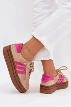 Sneakersy Damskie Na Platformie Z Naturalnego Zamszu Beżowo-Różowe Eldira