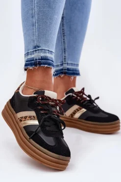 Sneakersy Damskie Na Platformie Z Podwójnym Sznurowaniem Panterka Czarne Niteria