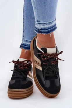 Sneakersy Damskie Na Platformie Z Podwójnym Sznurowaniem Panterka Czarne Niteria