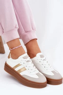 Sneakersy Damskie Na Platformie Z Eko Skóry Biało-Złote Elaraven