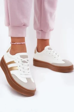Sneakersy Damskie Na Platformie Z Eko Skóry Biało-Złote Elaraven