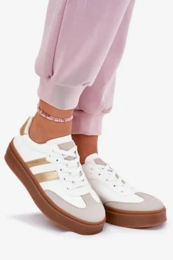 Sneakersy Damskie Na Platformie Z Eko Skóry Biało-Złote Elaraven