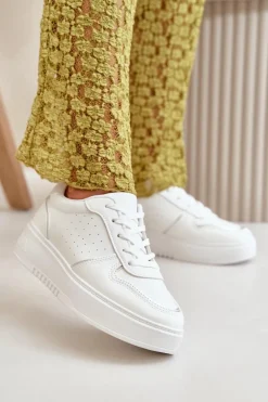 Sneakersy Damskie Na Platformie Z Ozdobnym Sznurowaniem Białe Mistra