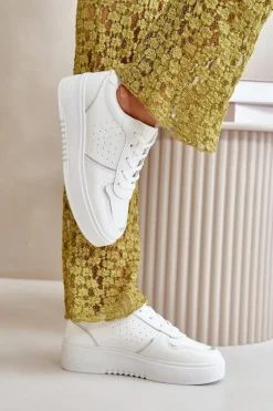 Sneakersy Damskie Na Platformie Z Ozdobnym Sznurowaniem Białe Mistra