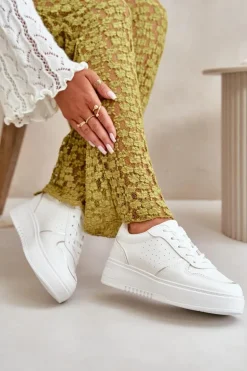 Sneakersy Damskie Na Platformie Z Ozdobnym Sznurowaniem Białe Mistra