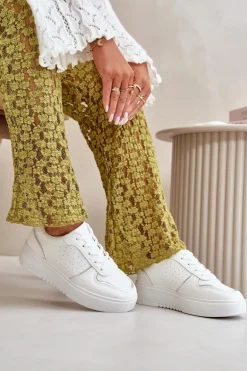 Sneakersy Damskie Na Platformie Z Ozdobnym Sznurowaniem Białe Mistra