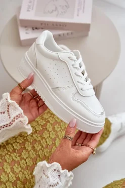 Sneakersy Damskie Na Platformie Z Ozdobnym Sznurowaniem Białe Mistra