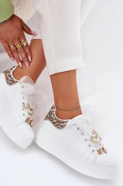 Sneakersy Damskie Na Platformie Z Przypinkami Białe Panterka Ocerdia