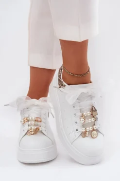 Sneakersy Damskie Na Platformie Z Przypinkami Białe Panterka Ocerdia