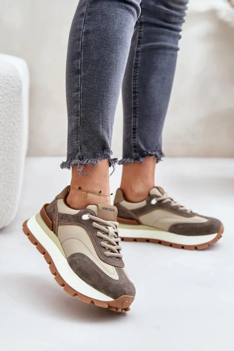 Sneakersy Damskie Na Platformie Ze Skóry Naturalnej Vinceza 41465 Beżowe