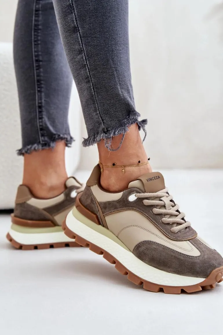 Sneakersy Damskie Na Platformie Ze Skóry Naturalnej Vinceza 41465 Beżowe