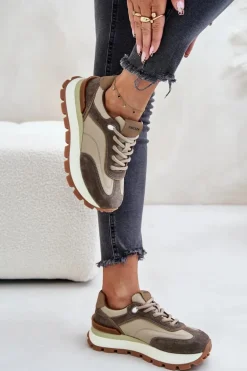 Sneakersy Damskie Na Platformie Ze Skóry Naturalnej Vinceza 41465 Beżowe