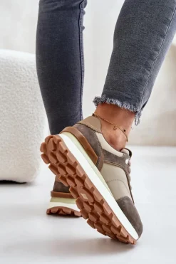 Sneakersy Damskie Na Platformie Ze Skóry Naturalnej Vinceza 41465 Beżowe