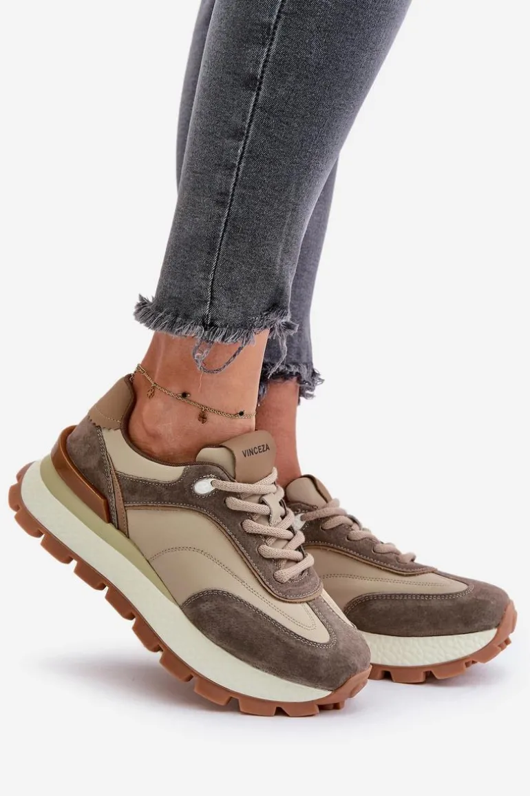 Sneakersy Damskie Na Platformie Ze Skóry Naturalnej Vinceza 41465 Beżowe