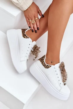 Sneakersy Damskie Na Platformie Z Panterką Białe Lerissna