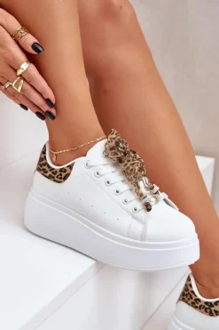 Sneakersy Damskie Na Platformie Z Panterką Białe Lerissna