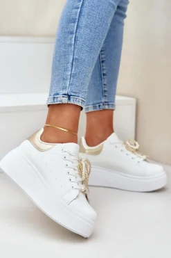 Sneakersy Damskie Na Platformie Z Ozdobami Biało-Złote Lerissna