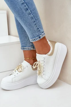 Sneakersy Damskie Na Platformie Z Ozdobami Biało-Złote Lerissna