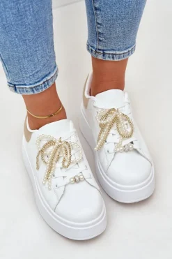 Sneakersy Damskie Na Platformie Z Ozdobami Biało-Złote Lerissna
