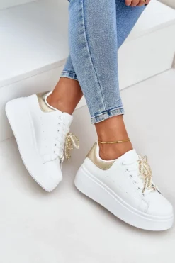 Sneakersy Damskie Na Platformie Z Ozdobami Biało-Złote Lerissna