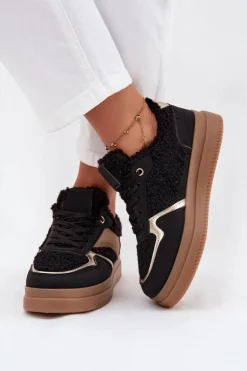 Sneakersy Damskie Na Platformie Z Futerkiem Typu Baranek Czarne Frelina
