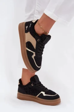 Sneakersy Damskie Na Platformie Z Futerkiem Typu Baranek Czarne Frelina