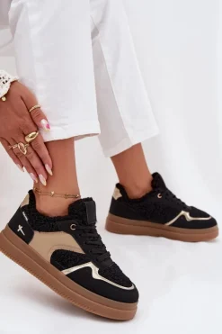 Sneakersy Damskie Na Platformie Z Futerkiem Typu Baranek Czarne Frelina