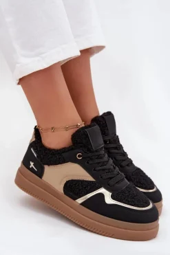 Sneakersy Damskie Na Platformie Z Futerkiem Typu Baranek Czarne Frelina