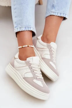 Sneakersy Damskie Na Platformie Beżowe Lesida