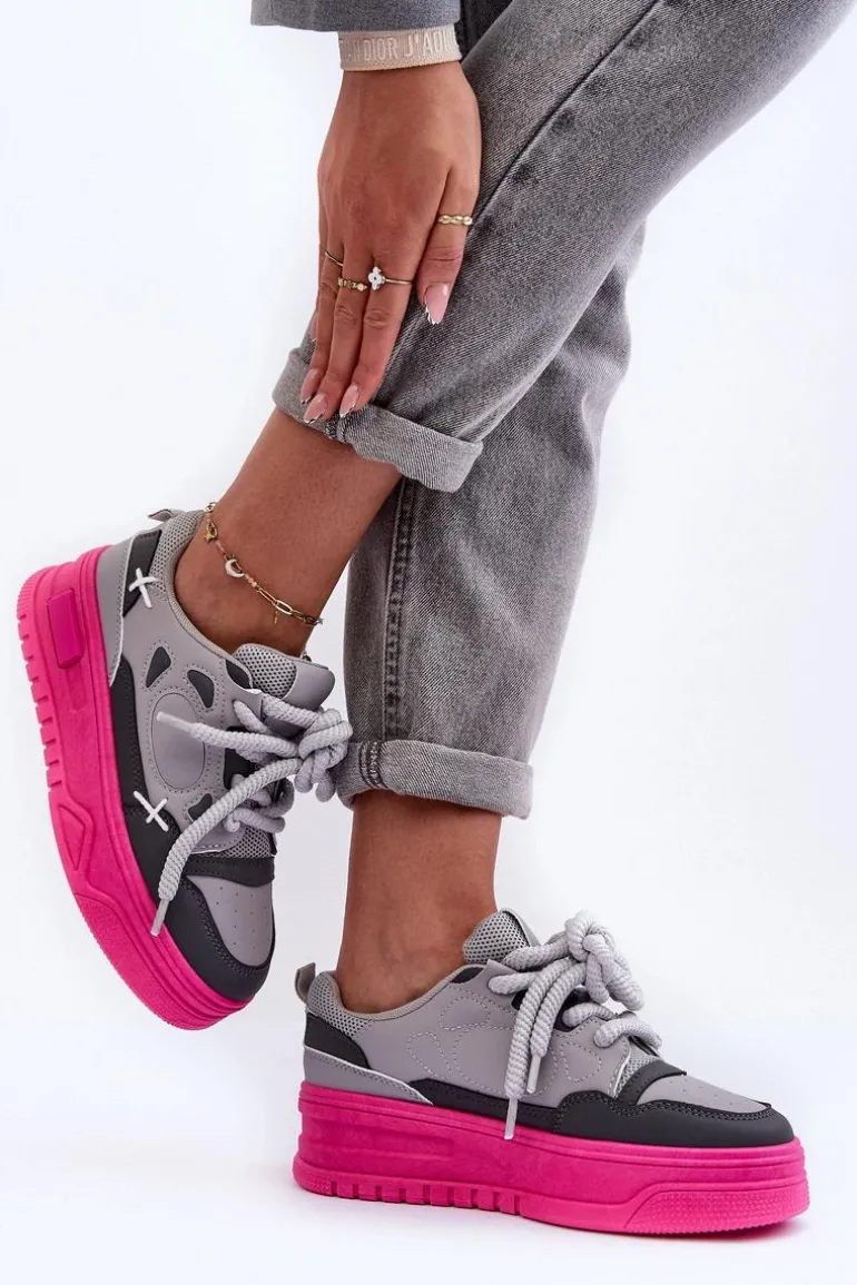 Sneakersy Damskie Na Platformie Szare Finos