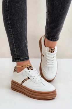 Sneakersy Damskie Na Platformie Panterka Białe Dravinnia