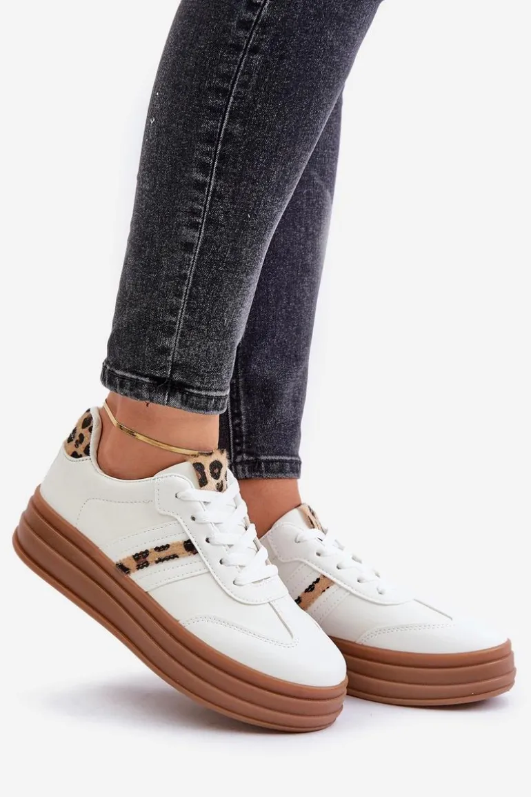 Sneakersy Damskie Na Platformie Panterka Białe Dravinnia