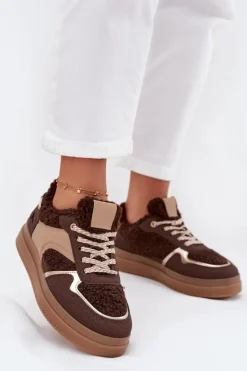 Sneakersy Damskie Na Platformie Z Futerkiem Typu Baranek Brązowe Frelina