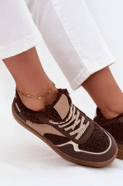 Sneakersy Damskie Na Platformie Z Futerkiem Typu Baranek Brązowe Frelina