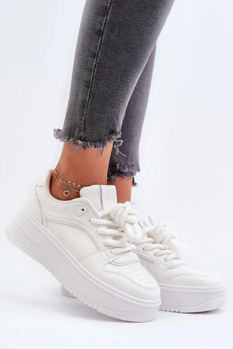 Sneakersy Damskie Na Platformie Eko Skóra Białe Vhisper