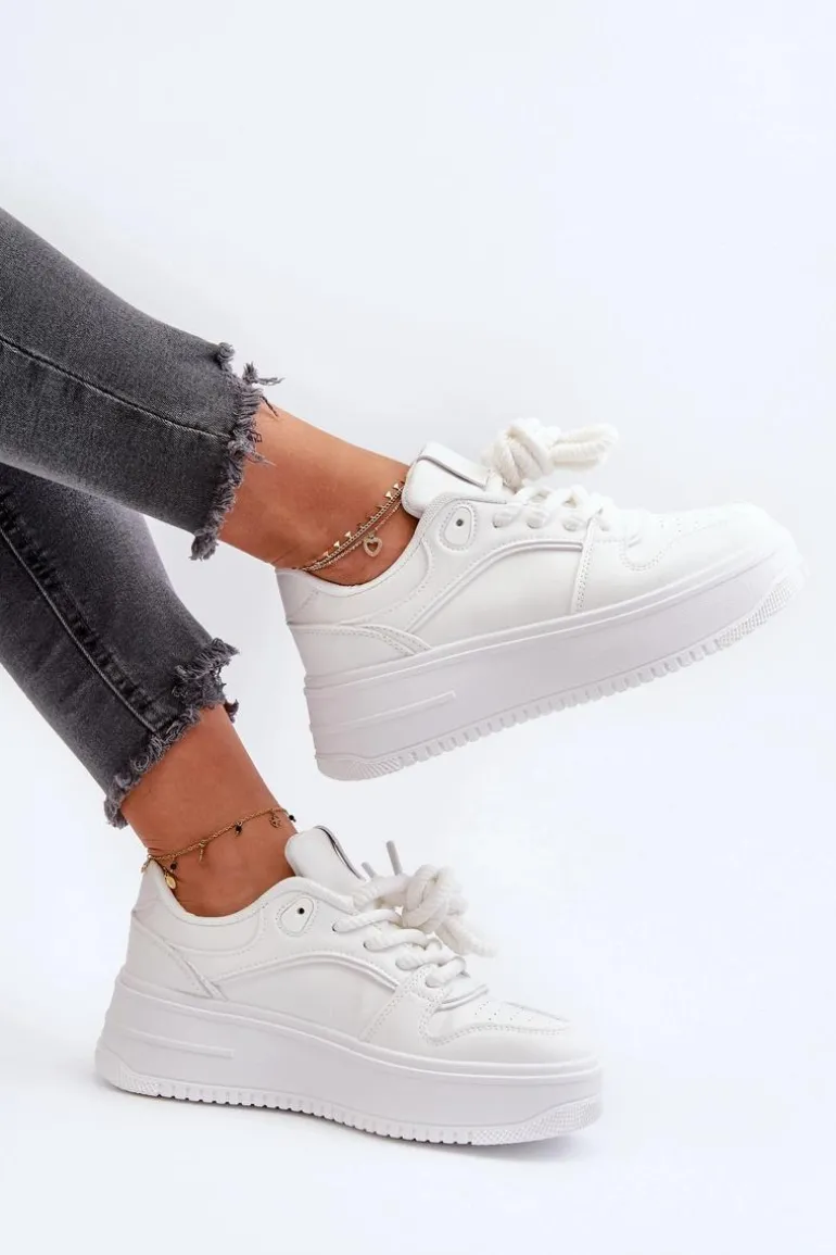Sneakersy Damskie Na Platformie Eko Skóra Białe Vhisper