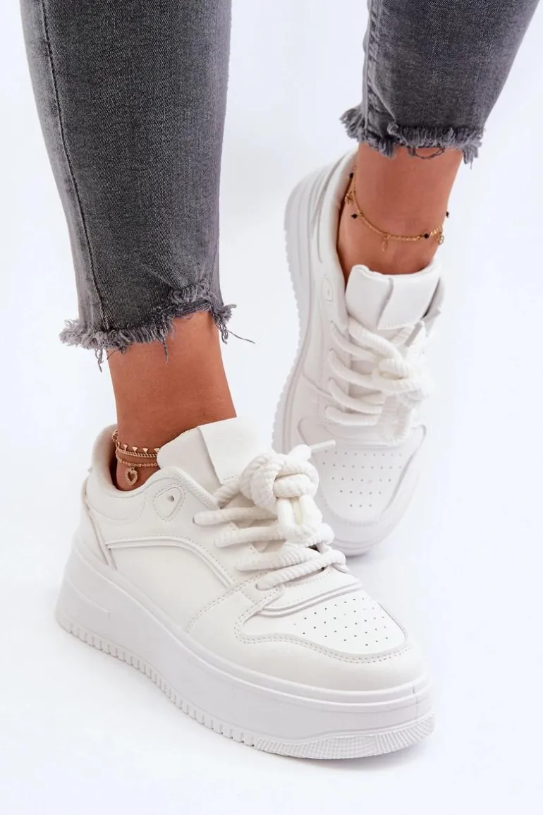 Sneakersy Damskie Na Platformie Eko Skóra Białe Vhisper