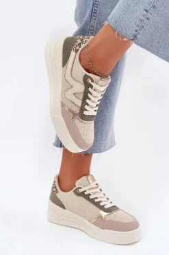 Sneakersy Damskie Na Platformie Panterka Beżowe Kelsia