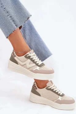 Sneakersy Damskie Na Platformie Panterka Beżowe Kelsia